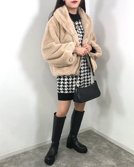 INGNI(イング) ショールカラーエコファーコート＋千鳥格子柄ワンピース／SET ｳｽﾍﾞｰｼﾞｭ