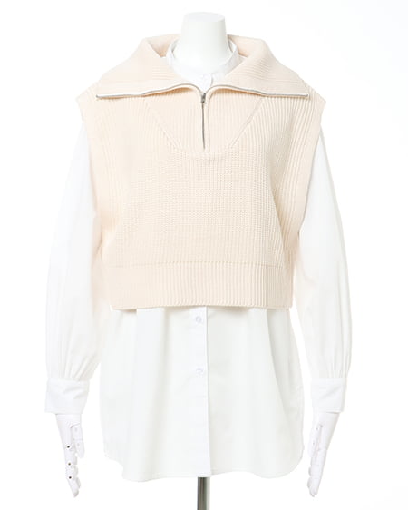 INGNI(イング) ZIPニットベストバンドカラーシャツSET+セミフレアセンタープレスパンツ/SET アイボリー