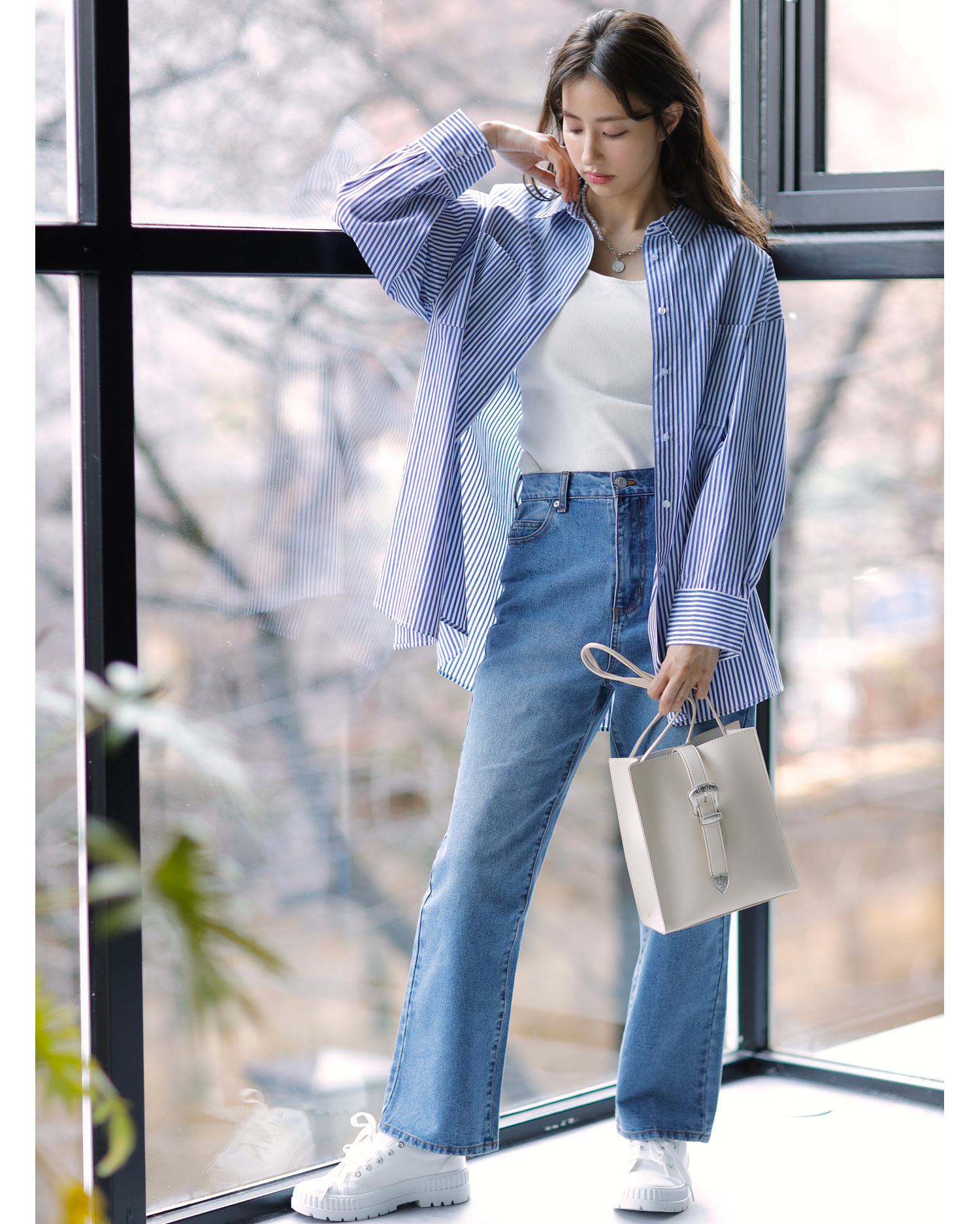 ストライプ柄BIGシャツ＋ハイウエストデニムパンツ／SET｜INGNI(イング 