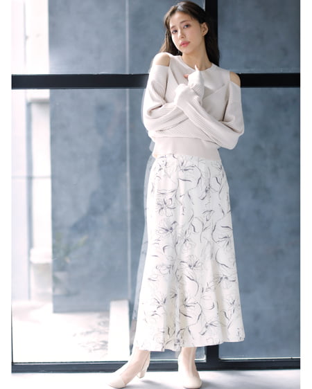 【INGNI STORE限定セット】肩あきカシュクールニット＋線画花柄マーメイドスカート／SET