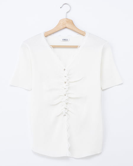 【SOELA】【6／8 24時までの限定価格】レースドッキングギャザー半袖ニットカーディガン