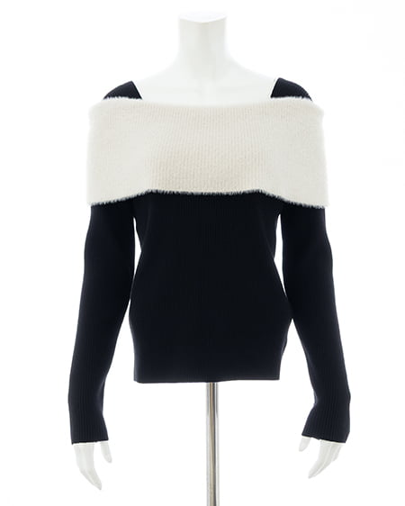 INGNI(イング) フェザーオフショルリブニット クロ/オフホワイト