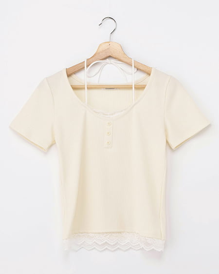 レースレイヤードヘンリーネックトップス