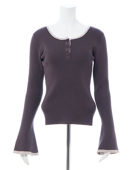 INGNI（イング） バイカラーヘンリーネックフレアスリーブニット ﾁｬｺｰﾙｸﾞﾚｰ/ﾍﾞｰｼﾞｭ