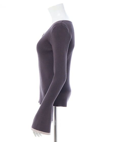 INGNI（イング） バイカラーヘンリーネックフレアスリーブニット ﾁｬｺｰﾙｸﾞﾚｰ/ﾍﾞｰｼﾞｭ