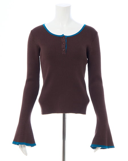 INGNI（イング） バイカラーヘンリーネックフレアスリーブニット ﾌﾞﾗｳﾝ/ﾌﾞﾙｰ