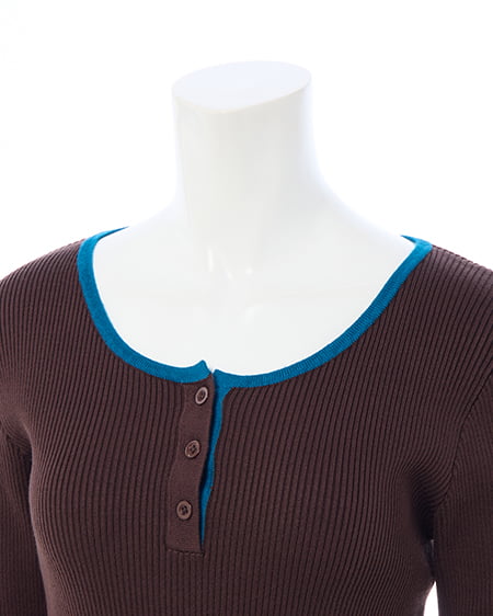 INGNI（イング） バイカラーヘンリーネックフレアスリーブニット ﾌﾞﾗｳﾝ/ﾌﾞﾙｰ