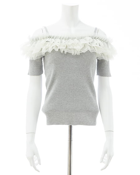 INGNI(イング) チュールオフショルダブルフリル半袖ニット グレー/アイボリー