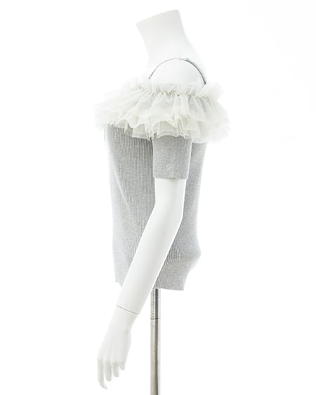 INGNI(イング) チュールオフショルダブルフリル半袖ニット グレー/アイボリー