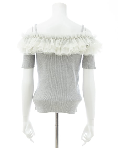 INGNI(イング) チュールオフショルダブルフリル半袖ニット グレー/アイボリー
