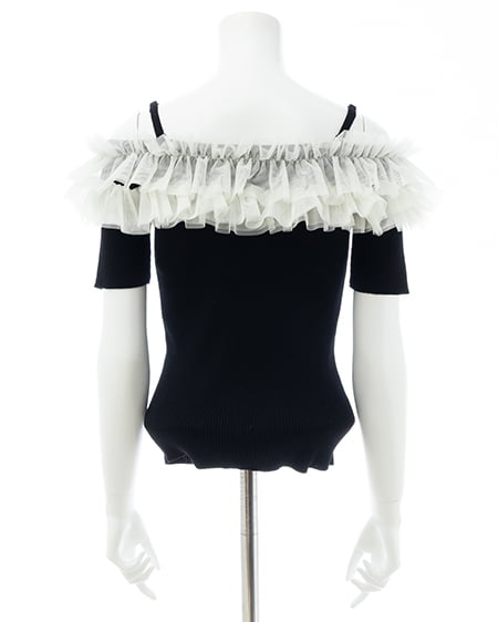 INGNI(イング) チュールオフショルダブルフリル半袖ニット クロ/アイボリー