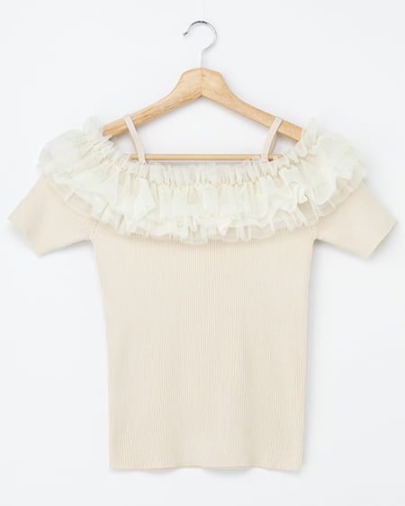 【INGNI SOELA】新作 チュールオフショルダブルフリル半袖ニット