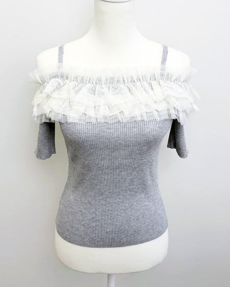 【INGNI SOELA】新作 チュールオフショルダブルフリル半袖ニット