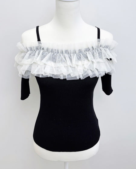 【INGNI SOELA】新作 チュールオフショルダブルフリル半袖ニット