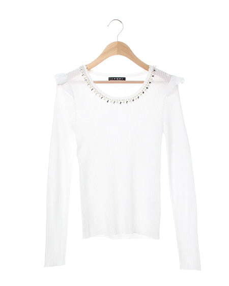 肩フリルビジュー付リブ長袖TOPS