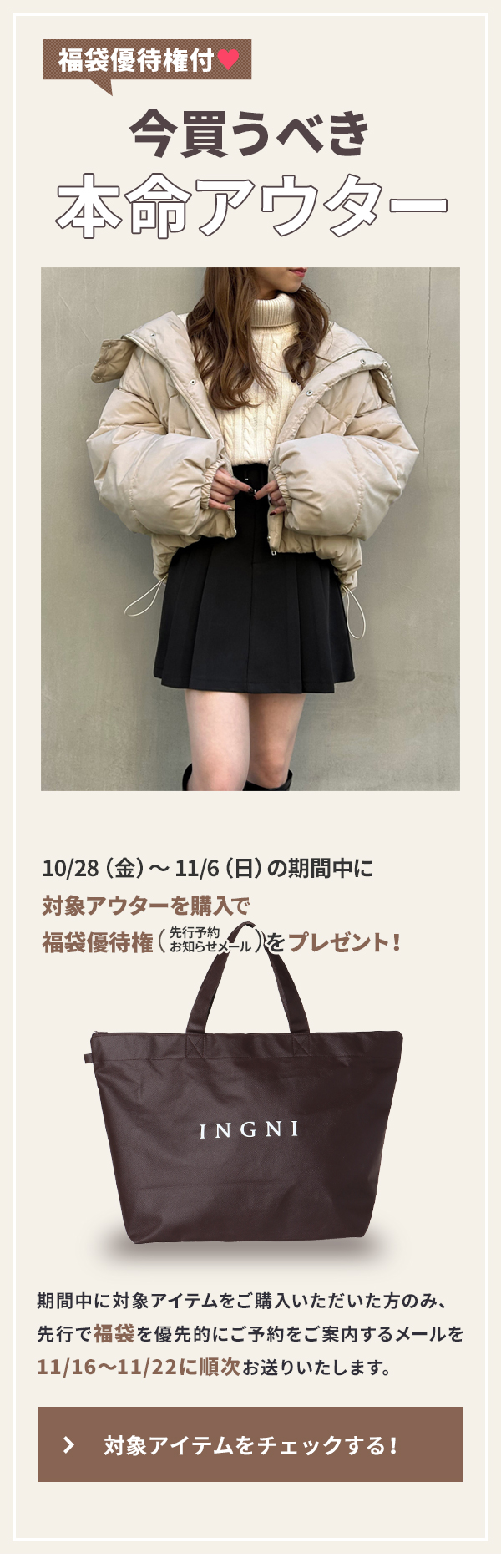 新品★ＩＮＧＮＩ　福袋　2019年　店頭購入 12点　ネタバレ 中身公開　抜き取り無し　コート＆ダウン イング福袋2023予約・中身のネタバレ 優待券、楽天など通販＆初売り