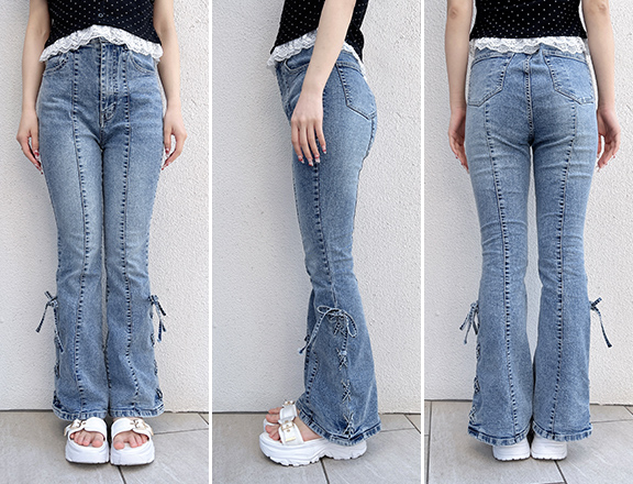 サイドレースアップ＆センターシームフレアデニムパンツ / Mサイズ着用 / 身長163cm / 骨格ウェーブ×骨格ナチュラル