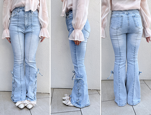 サイドレースアップ＆センターシームフレアデニムパンツ / Sサイズ着用 / 身長157cm / 骨格ウェーブ