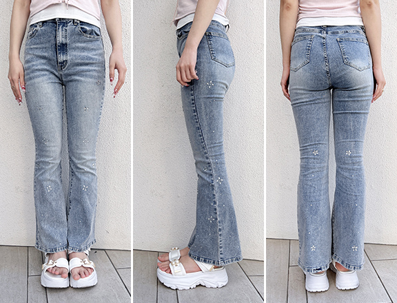 ビジュー付フレアデニムパンツ / Mサイズ着用 / 身長163cm / 骨格ウェーブ×骨格ナチュラル