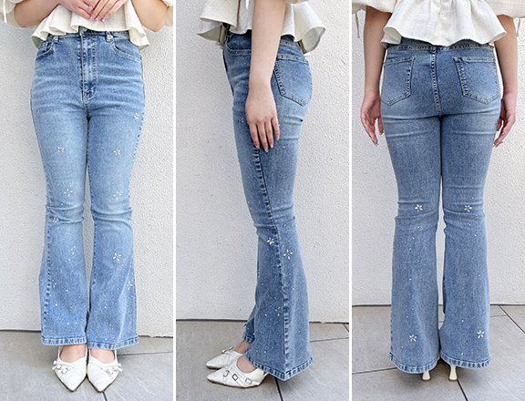 ビジュー付フレアデニムパンツ / Sサイズ着用 / 身長157cm / 骨格ウェーブ